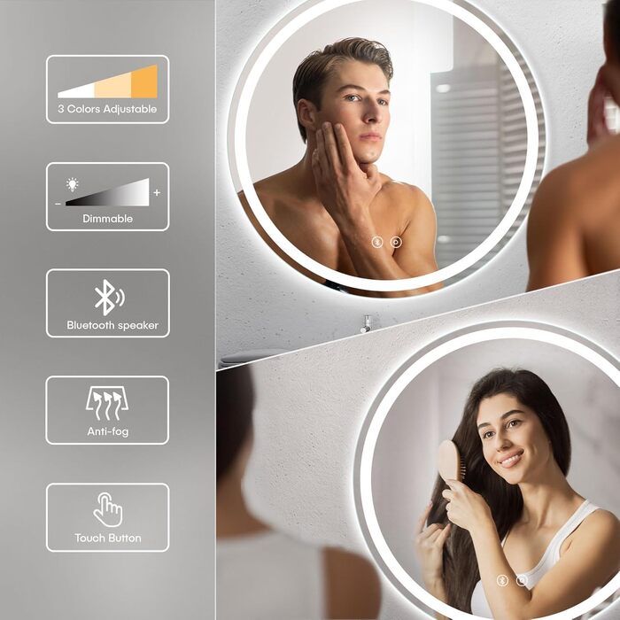 Дзеркало для ванної кімнати Dripex круглої форми з підсвічуванням LED, сенсорне керування, регулювання яскравості, 3 кольори світла, запобігання запотіванню, 50x50 см (Bluetooth, запобігання запотіванню, 3 кольори, регулювання яскравості)