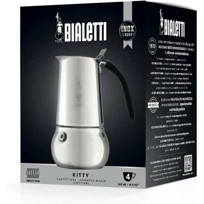 Кавоварка Bialetti Kitty на 4 чашки, 200 мл, з нержавіючої сталі, для всіх плит, окрім індукції, срібляста
