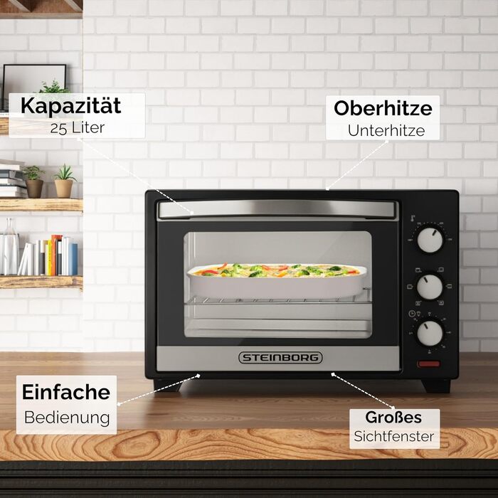 Steinborg Mini Backofen 25л – Електрична міні-піч 3-в-1 для піци та випічки з конвекцією, 1600 Вт, таймер 60 хв, деко для крихт