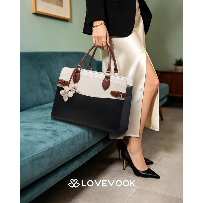 Жіноча сумка для ноутбука LOVEVOOK 15.6 дюймів, елегантна робоча сумка-тоут (Бежевий, чорний, бронза)
