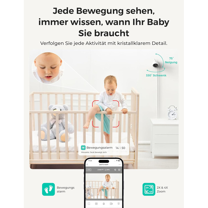 Відеоняня Dr.Care VistaView Lite WLAN з App-керуванням, Full HD 1080P камерою, розділеним екраном 720P, датчиком руху та ІЧ-нічним баченням (монітор 4
