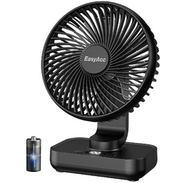 EasyAcc Настільний вентилятор з акумулятором, USB, автоматичне обертання, 4 швидкості, портативний для офісу, дому, бібліотеки, кемпінгу - Чорний