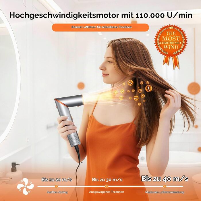 Мультистайлер для волосся 5-в-1 Faltbarer Airstyler: складаний фен-щітка з ефектом Коанда, іонізацією та плойкою (110 000 об/хв), дорожній набір для укладки, сріблясто-помаранчевий