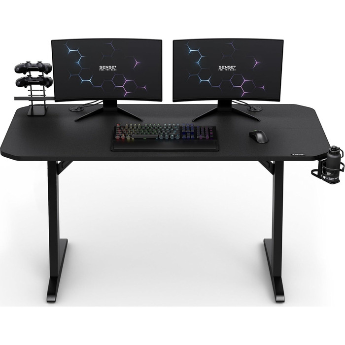 Ігровий стіл SENSE7 Nomad Basic 140x60 см, комп'ютерний стіл з гачком для навушників, підстаканником, тримачем для контролера, ергономічний, карбонова поверхня