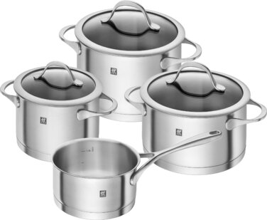 Набір каструль ZWILLING Essence 4 шт. з кришкою з термоскла, індукційне дно, не має покриття, нержавіюча сталь, сріблястий