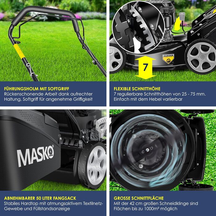 Бензиновий газонокосарка MASKO® 5in1 | Ширина косіння 51 см | 8 положень висоти | 4-тактний OHV двигун 6.0 PS | Об'єм кошика 65 л | В комплекті набір для мульчування та бічний викид (ширина 42 см, чорний/сірий)