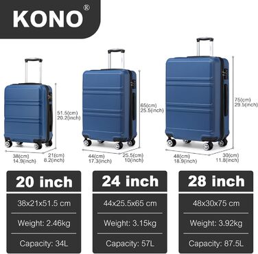 KONO Валіза середнього розміру 24 дюйми, ABS, з TSA-замком, 4 колеса, 65×44×25.5 см, темно-синій