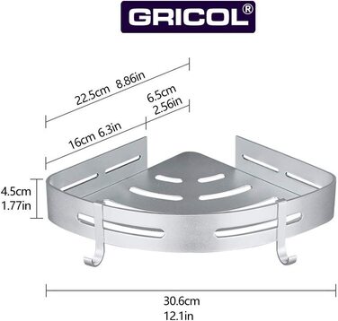 Кутова полиця для душу GRICOL, металева, без свердління, з 4 гачками, двоярусна, для ванної та кухні, срібляста