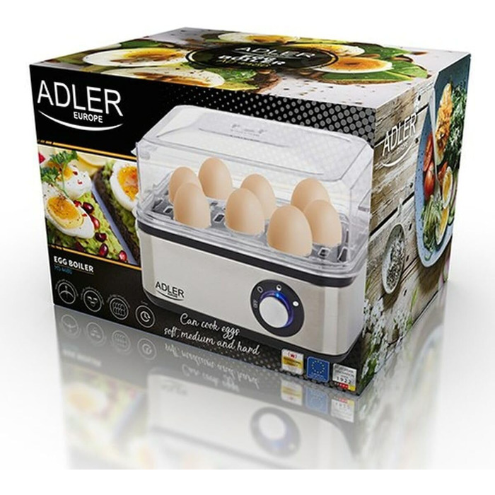 Електрична яйцеварка ADLER EUROPE AD-4486, 1-8 яєць, 500 Вт, нержавіюча сталь, автоматичне вимкнення, захист від перегріву, срібляста