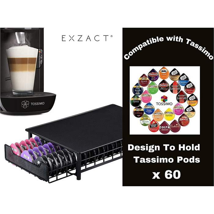 Органайзер для кавових капсул EXZACT, сумісний з Tassimo, на 60 капсул – підставка 2-в-1 під кавову машину та шухляда для зберігання кавових капсул