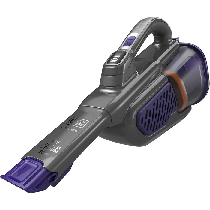 Акумуляторний ручний пилосос BLACK+DECKER 18В 36Вт Dustbuster з технологією smarttech, циклонною системою, висувною щілинною насадкою, щіткою для шерсті тварин, настінною зарядною станцією, титан/срібло/фіолетовий