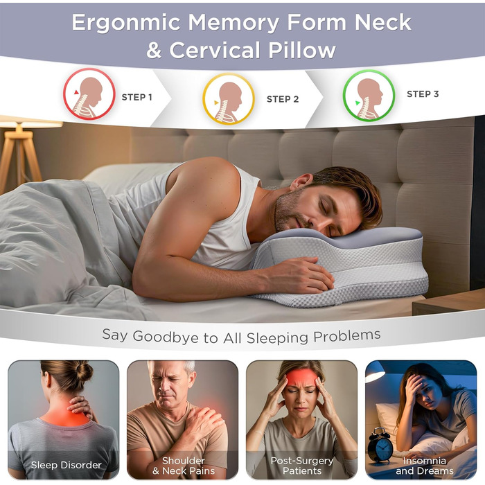 Подушка ортопедична з Memory Foam для сну на боці, спині та животі, блакитна. Преміум-якість, підтримка шиї