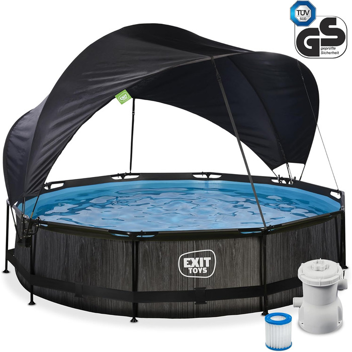 Басейн EXIT TOYS Black Wood круглий 360x76 см із сонцезахисним навісом, картриджним фільтром, міцною рамою, унікальним дизайном, чорний