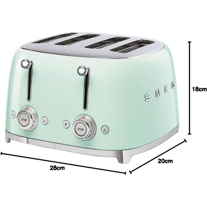 Тостер Smeg TSF03WHEU 4 відділення пастельно-зелений, 6 режимів, розморожування, підігрів, функція бейгл, 2000 Вт