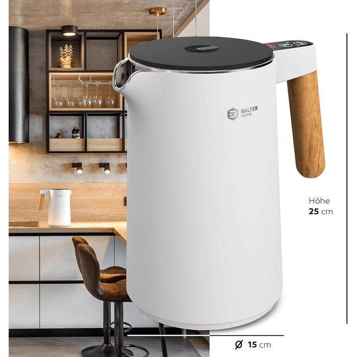 Електричний чайник BALTER з регулюванням температури, 1.5L, 2200W, нержавіюча сталь, без BPA, подвійні стінки, сірий