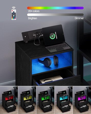 Набір з 2 приліжкових тумб з LED-підсвіткою, USB та Type-C зарядкою, відкритою полицею і двома шухлядами з замком, чорний, для спальні та вітальні