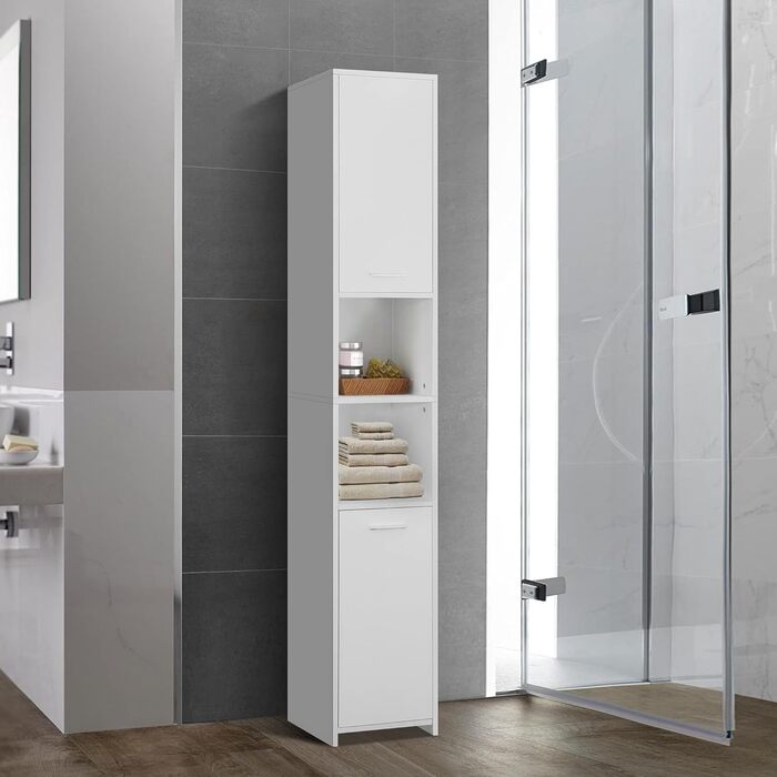 Високий шафа для ванної ML-Design, білий, 30x190x30 см, з 6 відділеннями і 2 дверцятами, вузький шафа для зберігання, МДФ, меблі для ванної кімнати
