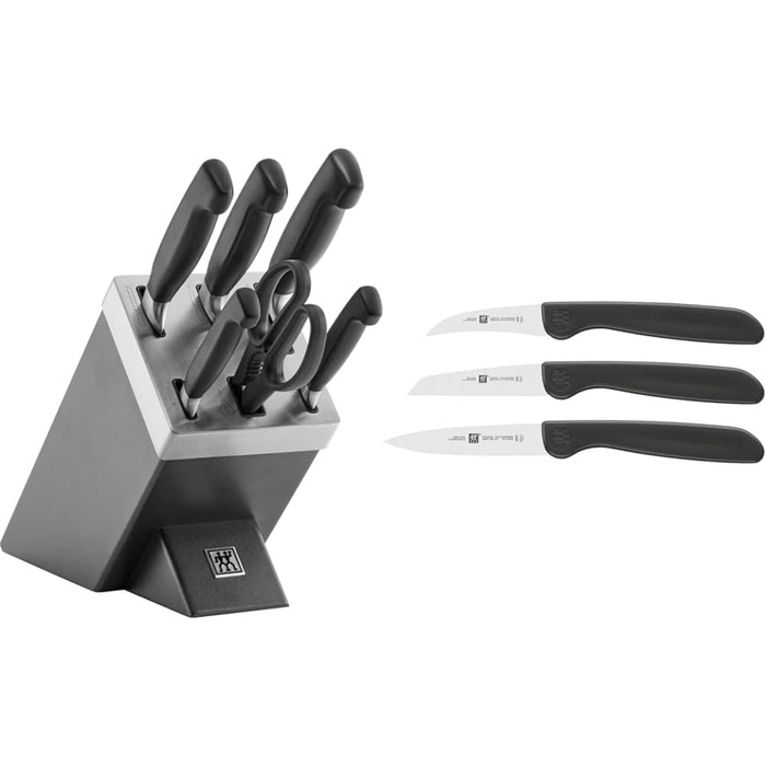 Набір ножів ZWILLING Vier Sterne 7 предметів з автозаточкою, 6 ножів для кухні, 12 см, нержавіюча сталь, ручки Twin Grip, чорний (сірий, набір з овочевими ножами 3 шт.)