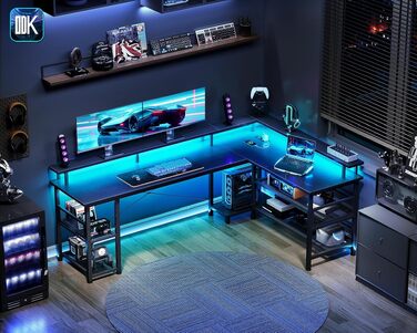 Ігровий кутовий стіл ODK з LED-підсвіткою та USB-портом, 168×120 см, вуглецеве волокно, чорний