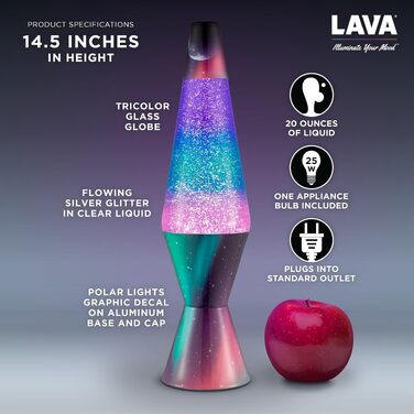 Лавова лампа Lava Original Polar Glimmer, 36.8 см — сріблястий блиск, багатоколірна підсвітка, декоративний нічник для дому