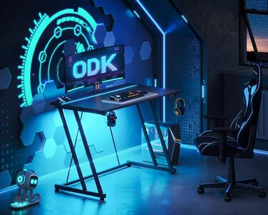 Ігровий стіл ODK 80x50 см з LED підсвіткою, чорний карбон. Стіл для геймерів з тримачем для навушників та підставки для напоїв