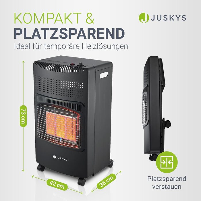 Газовий обігрівач техніка Juskys Keramik GS42US чорного кольору - 4200 Вт з регулятором тиску та шлангом. Мобільний, ефективний та енергозберігаючий газовий нагрівач/піч/прилад. (Газовий балон не входить у комплект)