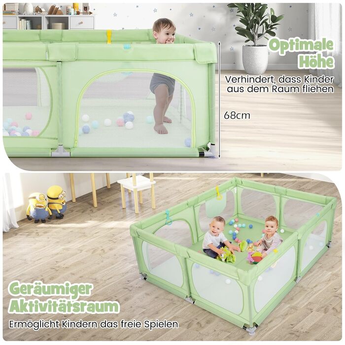 Дитячий ігровий манеж COSTWAY 189x158 см, з 50 кульками, 4 ручками та 4 дверцятами на блискавці, дихаюча сітка, зелений, без матраца