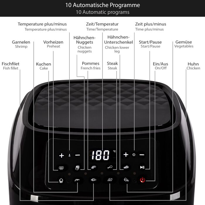 Аерофритюрниця ONVAYA XXL, без олії, 1700 Вт, LED-дисплей, 10 програм, для 5-6 осіб, з формою для випікання та решіткою зі шпажками