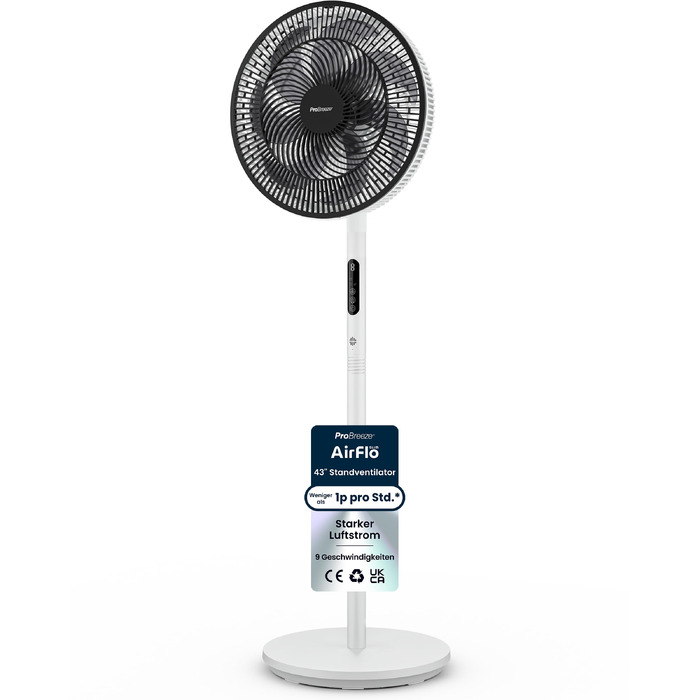 Вентилятор підлоговий Pro Breeze AirFlo Slim: 3 в 1, 70/100/130 см, 9 швидкостей, тихий, з пультом, таймером, для спальні та офісу (білий)