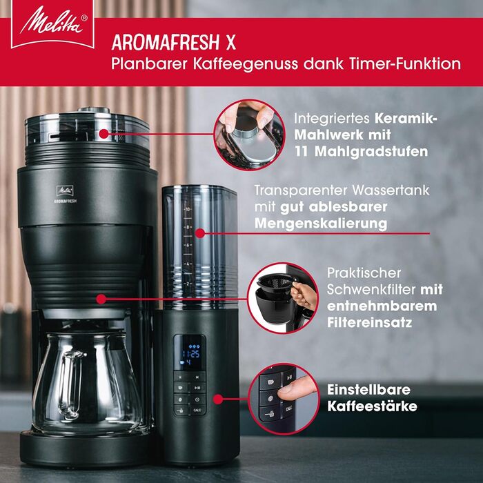 Кавоварка Melitta AromaFresh X з млинком, фільтр-кавоварка з скляним глечиком і захистом від капання, до 10 чашок, чорна/срібляста