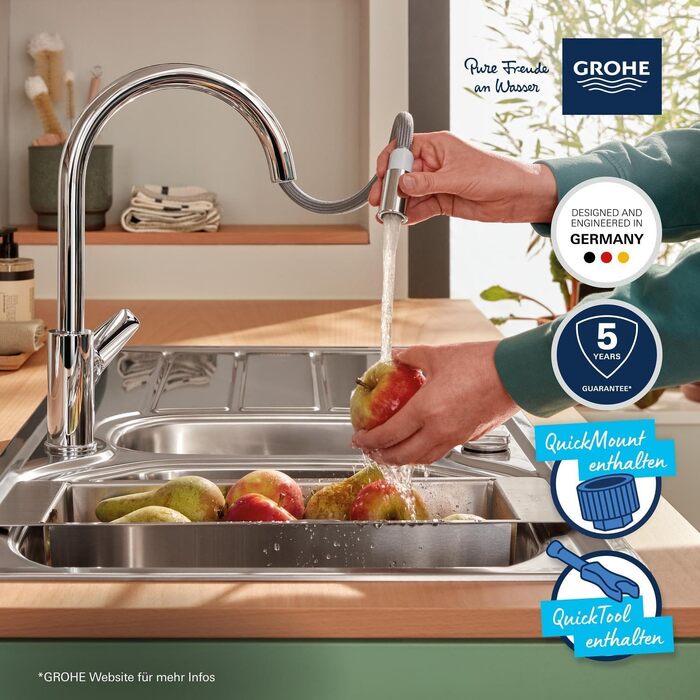 Змішувач кухонний GROHE StartEdge з висувним душем, поворотний на 360°, економія води, хром (30550000)