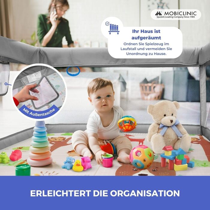 Дитячий манеж Mobiclinic Kids з ігровим килимком, складаний, 125x125 см, з бічним входом, сірий, дихаюча сітка, переносна сумка, без запаху, легко миється, безпечний