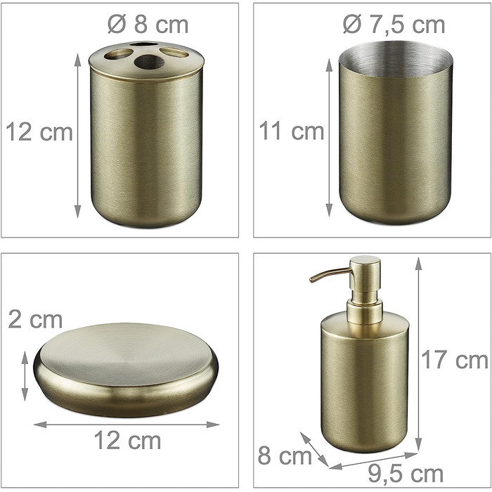Набір для ванної Relaxdays 4-в-1: дозатор мила, мильниця, стакан, тримач для щіток, нержавіюча сталь, золотий колір