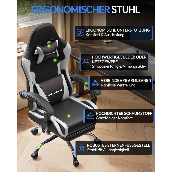 Ігрове крісло Dowinx Ergonomic Gaming Chair з підставкою для ніг, біле, витримує до 150 кг, з регульованими підлокітниками для ПК та офісу