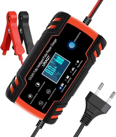 Зарядний пристрій для акумулятора URAQT 8A: 12V/24V, розумний, автоматичний, з LCD, для авто, вантажівок, мотоциклів, човнів