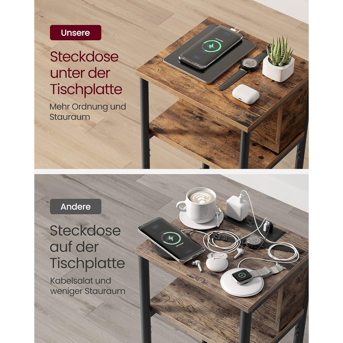 VASAGLE приліжковий столик з розетками та USB, вузький, 30x34x58 см, горіхово-коричневий/чорний, для вітальні і спальні