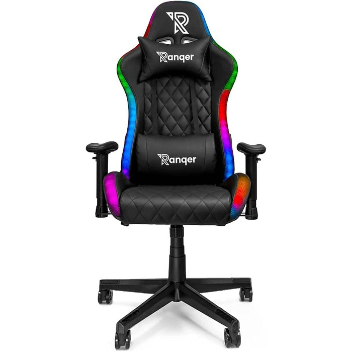 Ігрове крісло Ranqer Halo з RGB LED-підсвіткою, 350 кольорів, ергономічне, регульовані підлокітники, чорне