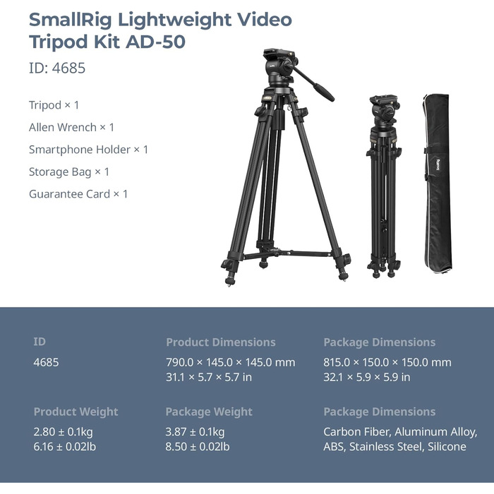 Карбоновий відеоштатив SMALLRIG 64'' з демпферною рідинною головкою, знімною ручкою, швидкознімною пластиною та тросом для підйому, для DSLR та відеокамер, вантажопідйомність 6 кг (AD-50-4685)