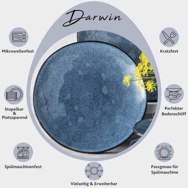 Набір десертних тарілок Sänger Darwin 4 шт, синій, кам'яна кераміка, сучасний дизайн, ручна робота, посуд для 4 осіб, преміум колекція