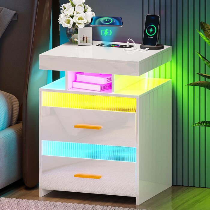 Нічний столик Lvifur з LED-підсвічуванням, сенсором руху та USB/Type-C зарядкою, 2 висувні ящики, бездротова зарядка, 3 кольори, регулювання яскравості, чорний колір