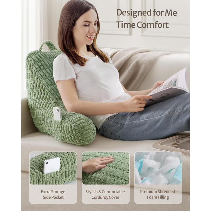 Подушка для читання Blissful Diary з піною Memory Foam для спини, для дорослих та дітей, для ліжка та дивана, з підлокітниками, кишенями, знімним чохлом, колір шавлії