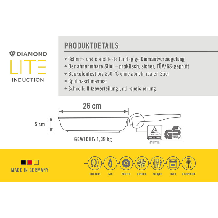 Сковорода Woll Diamond Lite 26 см, алюмінієва, знімна ручка, антипригарна, для індукції та всіх плит, духовка, антрацит