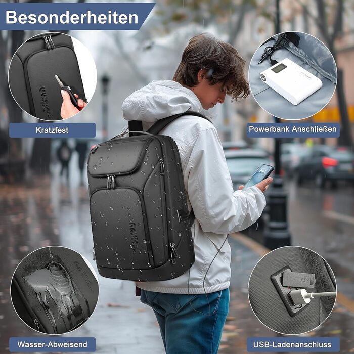 Чоловічий рюкзак HEROIC KNIGHT 30L для ноутбука 17,3" – водонепроникний, антивор, USB, для роботи та подорожей, чорний