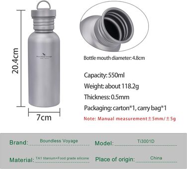 Фляга Titan Boundless Voyage Ti3002D-750ML для спорту, кемпінгу та туризму. Титанова, 750 мл