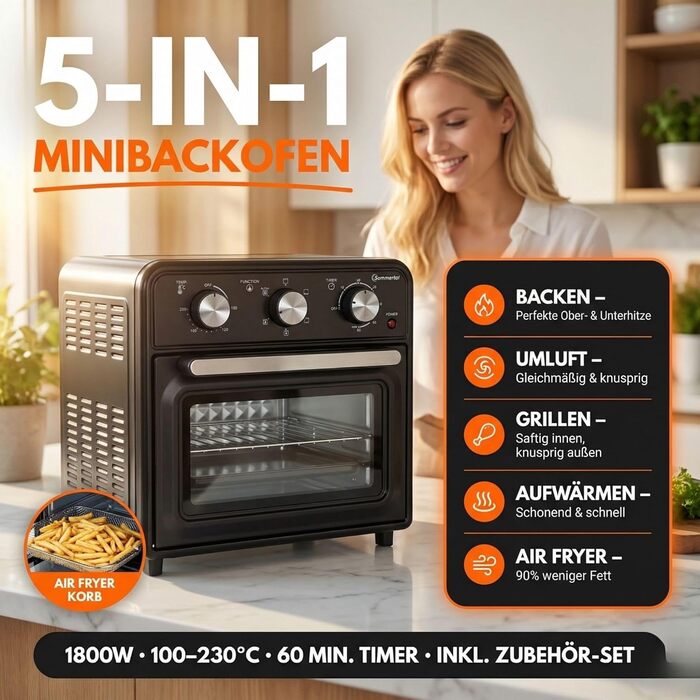 Міні-духовка Sommertal 20 л з конвекцією та аерофритюрницею: випічка, гриль, піца. Настільна духовка 1800 Вт, 100-230°C, таймер 60 хв, з аксесуарами