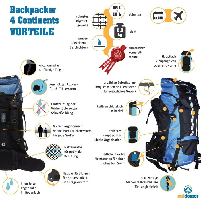 Рюкзак outdoorer Backpacker 4 Continents 85+10 л з фронтальним відкриттям і дощовиком для подорожей, трекінгу та бекпекінгу