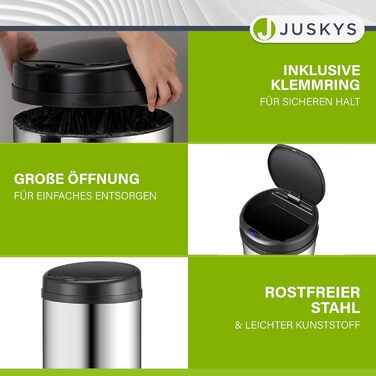 Відро для сміття Juskys з датчиком руху, 30 л, сріблястого кольору - нержавіюча сталь, з кришкою-кліпсою для пакетів