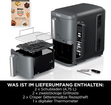 Вертикальна аерофритюрниця Ninja Double Stack XL Air Fryer 9,5 л з цифровим термометром, 6 функцій приготування, 2 рівні, сіра SL451EU