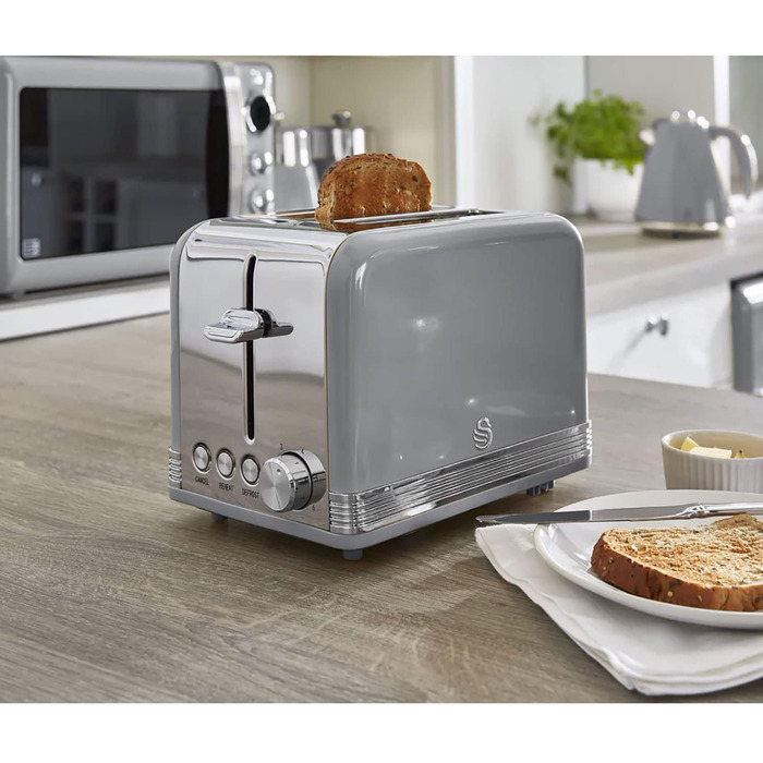 Тостер Swan Retro ST19010GRNEU на 2 скибки, широкий слот, вінтажний дизайн, 3 функції (розморожування, підігрів, скасування), 6 режимів, нержавіюча сталь, сірий, 815 Вт
