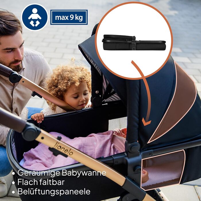 Коляска Lionelo Amber 3-в-1: люлька, автокрісло i-Size, прогулянкове сидіння, повітряні колеса, поворотне сидіння, XXL капюшон UPF 50+, сумка, москітна сітка, дощовик, чорно-срібна